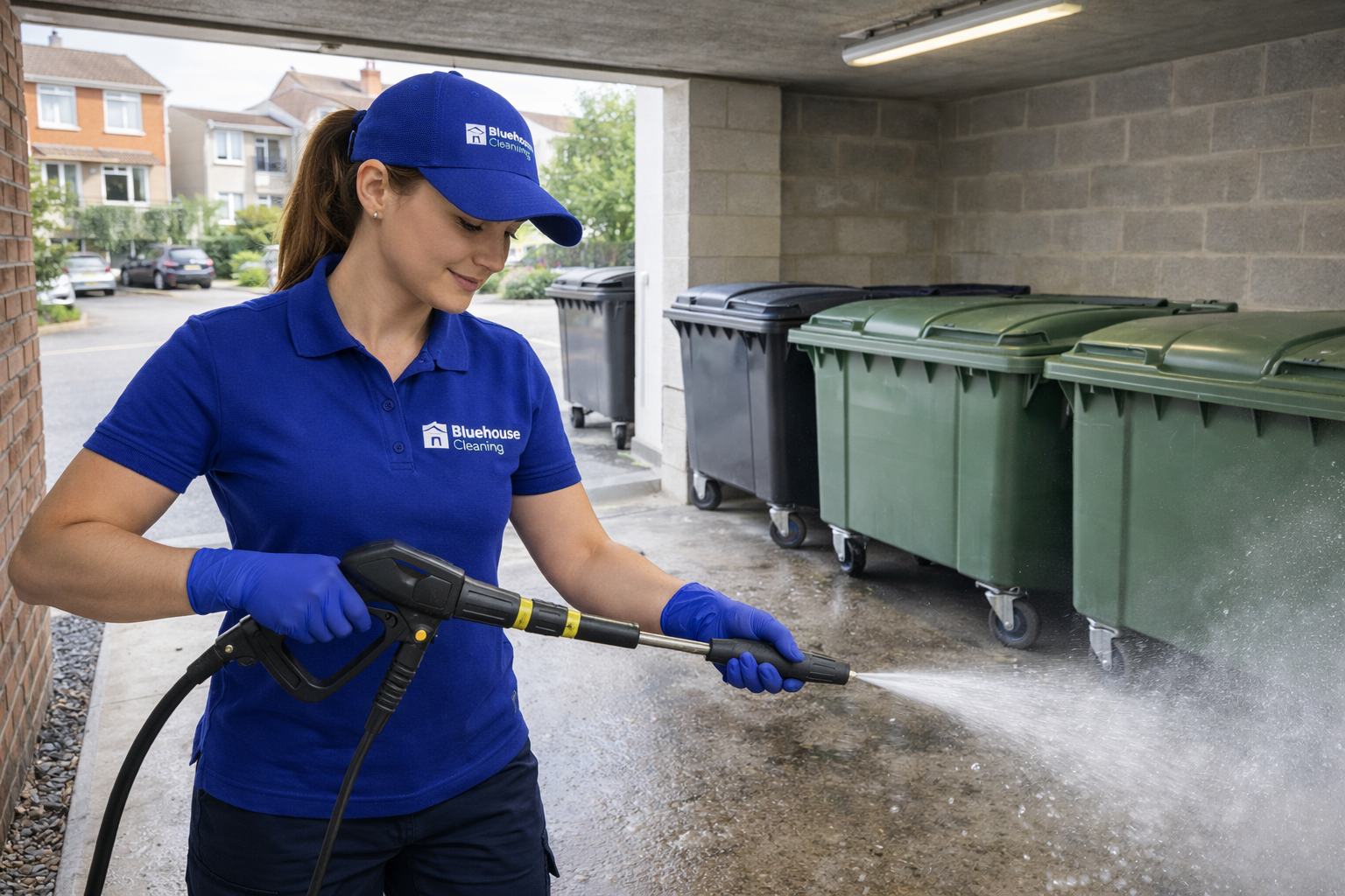 Professional bin store cleaning in a Brighton residential block by Bluehouse Cleaning