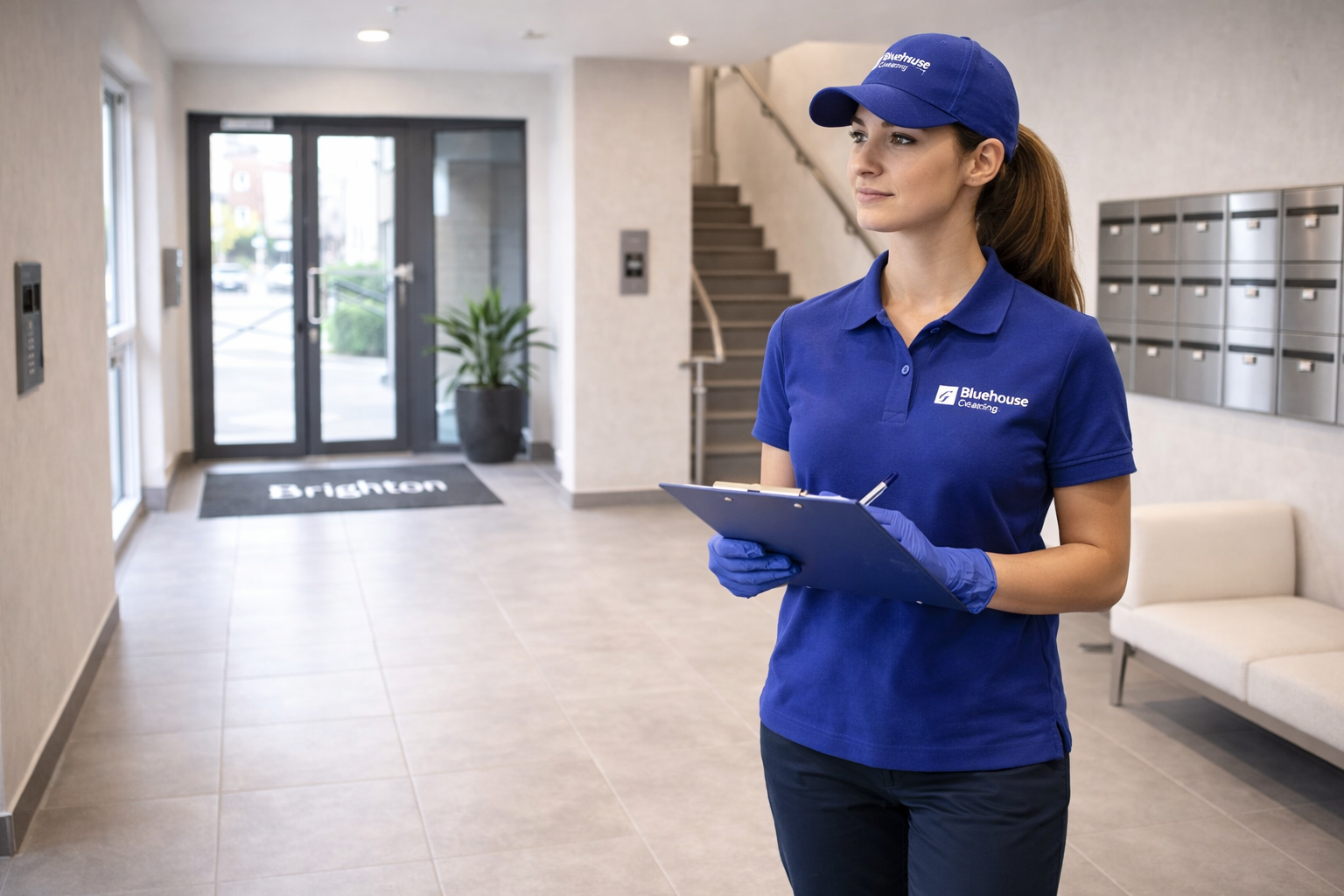 Professional block cleaning company in Brighton inspecting a residential communal area