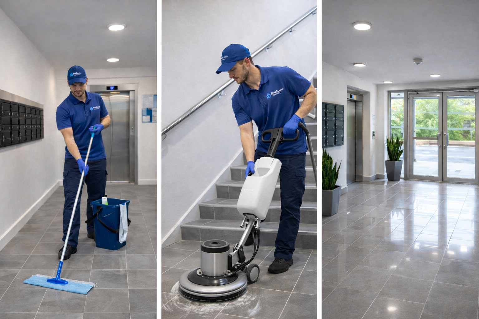 Bluehouse Cleaning professional performing various cleaning tasks in a modern Brighton apartment building. The images show a cleaner mopping a tiled hallway, polishing a staircase with a floor buffer, and presenting a spotless entrance area with gleaming floors and sleek elevator doors. The worker is dressed in a branded blue uniform with Bluehouse Cleaning logo, highlighting the quality and professionalism of the service