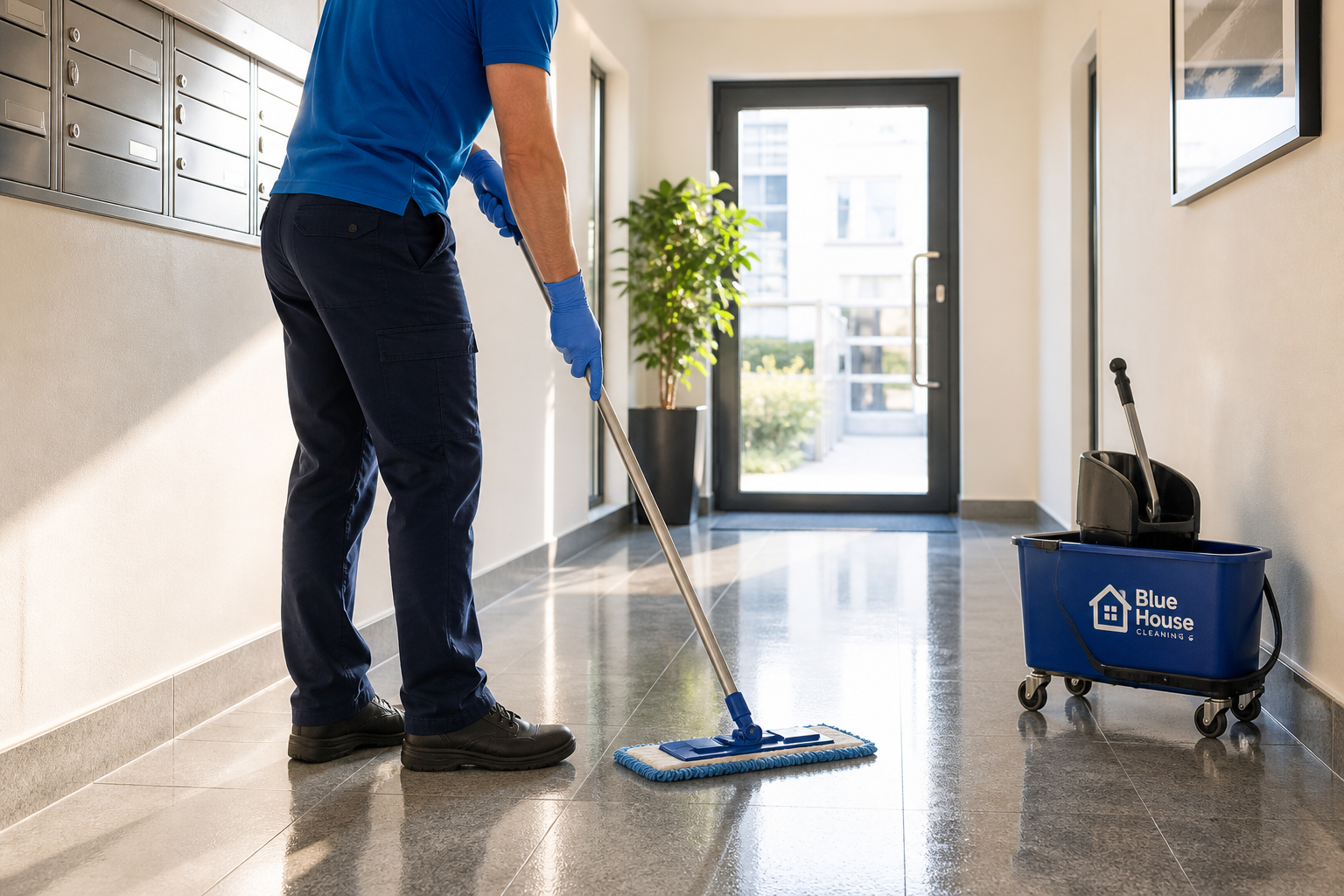 Professional communal hallway cleaning in a Brighton residential block by Bluehouse Cleaning